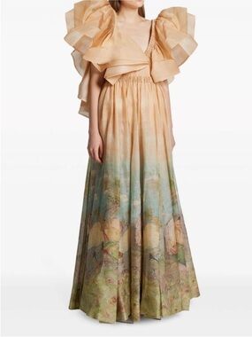 Designer Peach Ombre Maxi Gown with Pastel Scenic Print